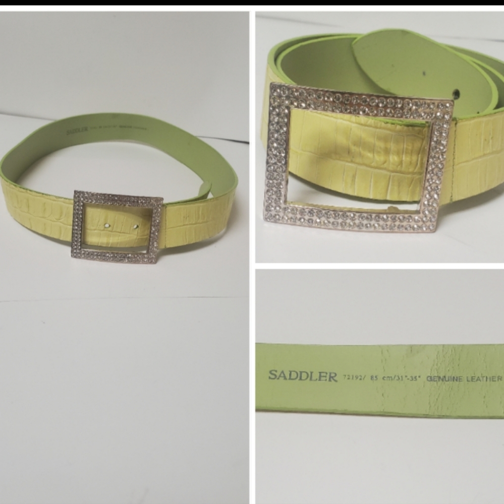 Lime Croc-Embossed Leather Belt with Crystal Rectangle Buckle